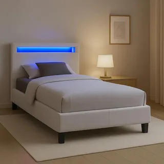 CARO-Möbel Polsterbett Himalaya mit LED Beleuchtung Einzelbett Jugendbett 90x200 cm mit Lattenrahmen, Stoffbezug in weiß Textil, Mode, , 90x200 cm , Schlafzimmer, Betten, Polsterbetten