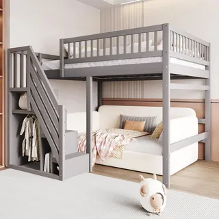 Flieks Etagenbett 140x200cm mit Rausfallschutz, Hochbett mit Treppe mit Kleiderstange und Ablagen, Kinderbett Doppelbett mit Lattenrost, Grau - Grau