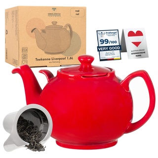 Teekanne mit Siebeinsatz Liverpool Rot 1,6 L Teekanne mit Edelstahl Sieb aus Keramik von URBAN LIFESTYLE, Teekanne die tropffrei ist. Teekanne Keramik mit Siebeinsatz Teapot Teekanne