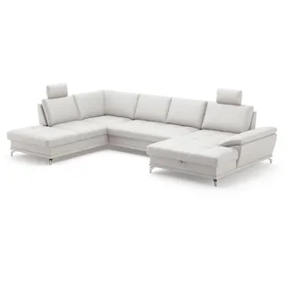 Cavadore Wohnlandschaft Castiel mit Federkern / Sofalandschaft mit großem Longchair, Sitztiefenverstellung, Kopfstützen und satinierten Metallfüßen / 363 x 89-104 x 223 / Echtleder, Weiß