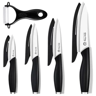 Qianying Keramikmesser Set Scharfe Keramik Messer: Schneidemesser Set 5-Teilig Klein Küchenmesser Obstmesser Schneidemesser Gemüsemesser Schälmesser Universalmesser Küche Schwartz Geschenke für Mama