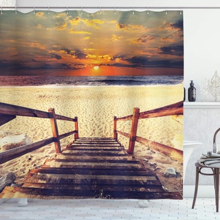 ABAKUHAUS Strand Duschvorhang, Romantische Sonnenuntergang-Skyline, Stoffliches Gewebe Badezimmerdekorationsset mit Haken, 175 x 200 cm, Orange Creme