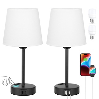 Kakanuo Nachttischlampe Touch Dimmbar 2er Set, Tischlampe mit Ladefunktion USB A+C-Anschlüssen Steckdosen 2 LED Birnen, Weiß-Lampenschirm, Kleine Lampe für Schlafzimmer Wohnzimmer Babyzimmer Büro