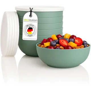idea-station Müslischalen mit Deckel 6 Stück - 14 cm / 500 ml - grün-grau matt - bruchfeste Plastikschüsseln mit Deckel - Schalen und Schüssel Set für Camping