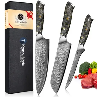 kyushublade Küchenmesser Set 3er Verbundstahl Chefmesser Set, Kochmesser Set Damaststahl, Profi Scharf Edelstahl Messerset Chefmesser Santokumesser Filetiermesser Ergonomischer Griff