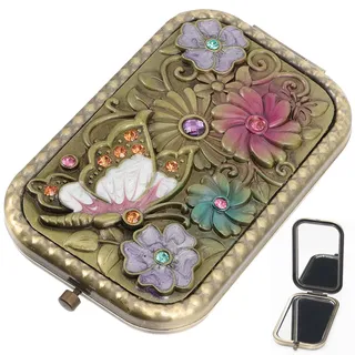 Cisixin Taschenspiegel Klappbar, Vintage Kosmetischer Spiegel Faltbarer, Doppelseitiger Spiegel Retro Schmetterling Blume Kosmetikspiegel Geschenke für Mädchen
