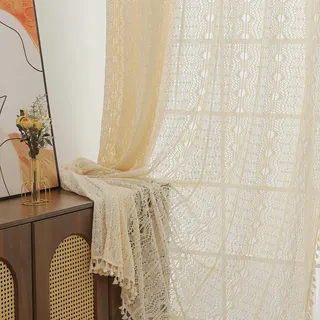 RUIXUAN 150 * 230cm Boho Vorhänge Shabby Chic Stricken Vorhänge Blickdicht Stickerei Quaste 2er Set Beige Vorhang Vintage Gardienen für Wohnzimmer Schlafzimmer Curtains