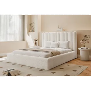 FURMEB24 Polsterbett WAVE + Matratze - 140 x 200 cm - WEISS TEDDYSTOFF - Weiß