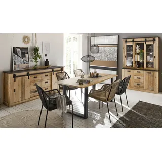 Esszimmer Set "Stove" in Used Wood Speisezimmer 3-teilig mit Buffetschrank, Esstisch und Sideboard - Naturbelassen, Dunkelgrau