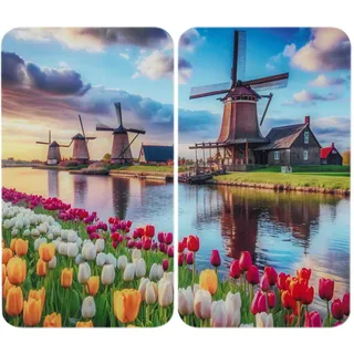 Herdabdeckplatte Universal Mod. Windmühle, höhenverstellbar für alle Herdarten, Schneidebrett und Spritzschutz, Glas, 30 x 52 cm, 2-teilig