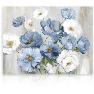 dazzlewall Vintage Blumen Wandbilder, Rustikale Weiß Blaue Florale Leinwand Bilder für Schlafzimmer Badezimmer Wohnzimmer Deko 30×40 cm Ungerahmt