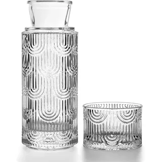 Nachttisch Wasserkaraffe Set Mit Becher Glas Nachttasse Set, Glaskaraffe Mit Deckel, Wasserkrug Glas FüR GäStezimmer, Badezimmer, Wohnzimmer 21.6 Oz/630ml (Klar)