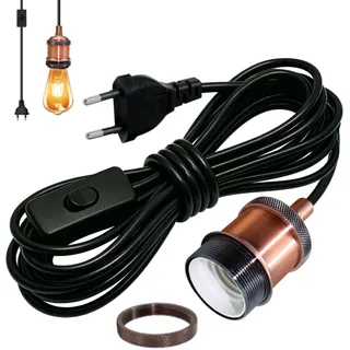 Vintage Messing Pendelleuchte Kit, 5M Schwarz Dicken Runden Kabel Hängelampe mit Schalter und Stecker, Rote Kupfer E27 Lampefassung, Industrielle Hängeleuchte Kit für Schlafzimmer, Ohne Glühbirne