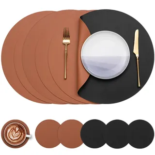 Myir JUN Tischsets 6er Set, Tischsets Abwaschbar Platzsets Rund Ø 38cm Platzdeckchen Rund Doppelseitigen rutschfest Platzsets Kunstleder Leder Tischset Lederoptik (Schwarz Braun, 6er Set)