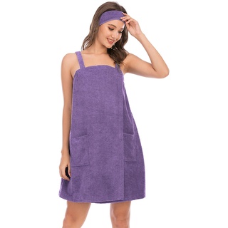 Jamron Damen Verstellbarer Handtuch Wickel Bademantel mit Stirnband für Sport, Dusche, Spa & Strand Cover Ups Violett S