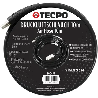 TECPO Druckluftschlauch 6/12mm, 10m lang, Luftschlauch 20 bar (290 psi) Arbeitsdruck, 1/4 Anschlussstück für Kompressor, Reifenfüller und Schlagschrauber