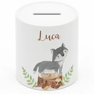 Personalisierte Spardose Kinder mit Namen – Keramik Sparschwein als Taufgeschenk, Geburtstagsgeschenk & Einschulungsgeschenk – Spardose Mädchen & Jungen, Geschenke zur Taufe - Fuchs-Wald (8x9,5 cm)