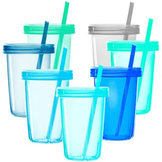 Youngever 7er Pack Kinderbecher mit Strohhalm, 7 Wiederverwendbare Kunststoff Kleinkindbecher mit Deckel Strohhalm (Coastal)