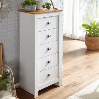 WOHNLING Sideboard mit 5 Schubladen 53x114x39 cm Kommode Weiß / Eiche Modern Design Anrichte Hoch Schmal Schubladenkommode Wohnzimmer - Weiß