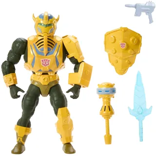 Masters of the Universe Masters of Universe Origins und Transformers Actionfigur, Man-at-Arms mit Bumblebee-Rüstung, ca. 14 cm großes, bewegliches Motu Collaboration Spielzeug, Zubehör und Mini-Comic, JGT17