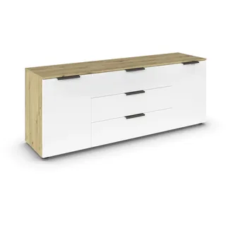 Rauch Möbel Flipp, Sideboard, TV-Schrank, Kommode mit Stauraum, Eiche Artisan-Glasfront Weiß, Holz, 2-türig, Glastüren, 3 Schubladen, Griffe Graphit, 160x61x42cm