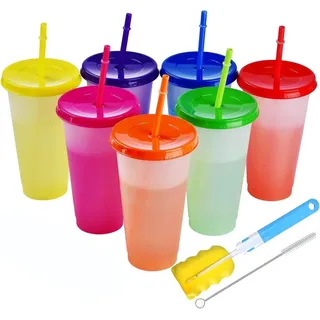 ALINK 7 Stück Becher Tasse Trinkbecher mit Strohhalm & Deckel - 680ml Farbwechselbecher Mehrweg Plastikbecher Kinder Tasse Cup Travel Mug Tumbler Eiskaffee Kaltes Trinken Smoothie Saft