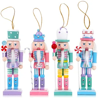 VorFor 4 Stück Set Macaron Pink Weiß Nussknacker Figur,12CM Nussknacker Baumschmuck,Massivholz Finishwork Weihnachten Märchenstücke,Nußknacker Figur Weihnachtsbaum,Kamin Weihnachtsdekorationen.