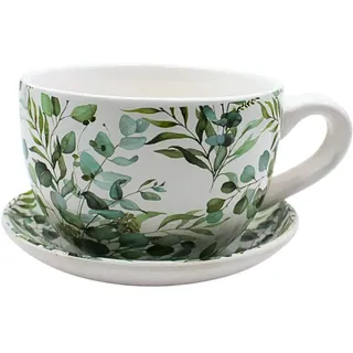 Dekohelden24 Blumentopf, Pflanztasse, Pflanzkübel, Pflanzgefäß, Blumenkübel, Pflanztopf. Übertopf als Tasse mit Griff aus Keramik, Motiv: Ranke, L/B/H 20 x 15 x12 cm.