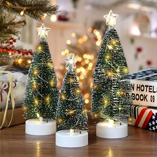3 Stück Kleiner Weihnachtsbaum mit Beleuchtung, Tisch Weihnachtsbaum mit Warmweiße Leuchten und Schnee Künstliche Mini Weihnachtsbaum mit LED für Home Office Tischplatte Deko Weihnachten