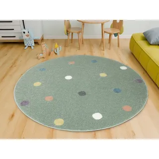 AKCILA Lima Runder Kinderteppich Pistaziengrün mit bunten Punkten 100cm | weicher moderner Teppich für Kinderzimmer, farbenfrohes Punkte Design, Kinderteppich in vielen Größen erhältlich