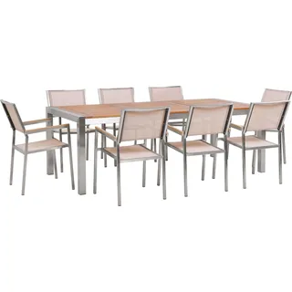 BELIANI Gartenmöbel Set Eukalyptusholz Edelstahl Tisch 220 cm 8 Stühle Beige Terrasse Outdoor Modern Garten Terrasse - Beige, Braun, Silber