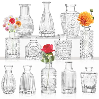 Kleine Glasvase Knospenvase Großpackung Set mit 12 Mini-Vintage-Blumenflaschen Zarte Glasblumenvase Verschiedene Größen für Blumenarrangements, dekorative Tischdekoration, Hochzeitsfeier zu Hause