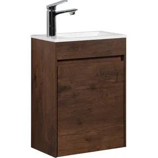 Badplaats Gäste-WC Waschtisch Set Sinta 40 x 22 cm Walnuss Braun - Badmöbel Set mit Waschbecken und Unterschrank, Vormontiert und mit Soft-Close - Braun