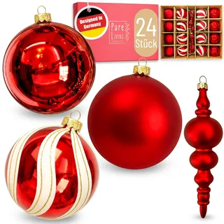 Weihnachtskugeln im wunderschönen Handwerk-Design - 24-TLG. Set mit exklusiven Christbaumkugeln – Weihnachtsbaumkugeln - Einzigartig-festlicher Baumschmuck rot/weiß