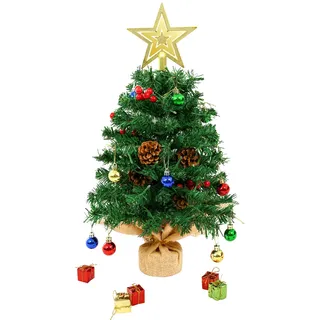 Uten Mini Weihnachtsbaum, 60 cm Kleiner Tannenbaum mit 50 LED Lichterketten, 5 Gruppen Roter Beeren, 5 Tannenzapfen, Sterne, Geschenkbox und 18 Weihnachtskugeln für Büro, Wohnzimmer, Fensterbank