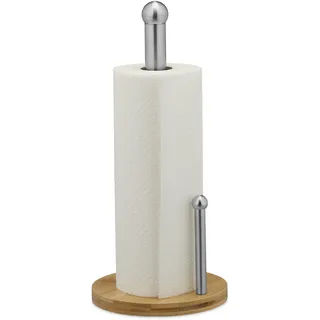 Relaxdays Küchenrollenhalter stehend, Bambus & Edelstahl, Rollenhalter mit Abrollstop, H x D: 35 x 16 cm, Natur/Silber