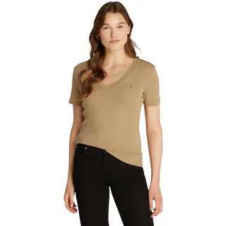 Tommy Hilfiger Damen T-Shirt Kurzarm New Slim Cody V-Ausschnitt, Beige (Safari Canvas), XXL