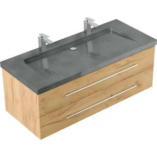 Posseik Badmöbel Granit G654 Yamo 2 Hahnlöcher SoftClose 130 cm Eiche Gold