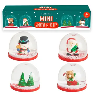 THE TWIDDLERS 4 Mini Schneekugeln Weihnachten (6cm) – Kleines 4er Set Figuren (Schneemann, Santa, Teddy) – Ideal als Adventskalender-Füllung, Wichtelgeschenk & Tischdeko – Bruchfest