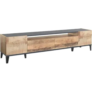 Fernsehschrank Raffaele, Niedriges Sideboard für Wohnzimmer mit 2 Türen, Sockel für TV-Möbel, 100 % Italy, cm 200x40h47, Schiefer und Ahorn - Braun