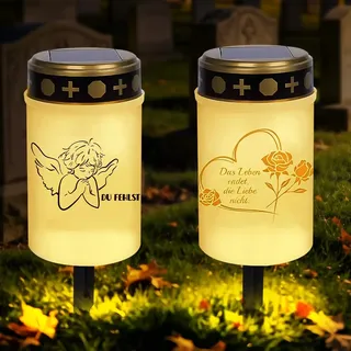 SGZIOO 2 Stück Solar Grablicht, Solar Grablichter für Draußen, Wasserdichtes Grabkerze LED mit Erdspieß, Friedhofskerzen LED für Friedhofsdekoration, Weiß