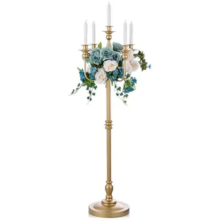 Sziqiqi 124cm Kerzenständer Gold Metall, Moderne Kerzenleuchter 5-armig Candle Holder Tischdeko für Hochzeit Weihnachten und Erntedankfest