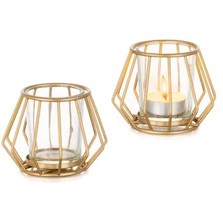 Romadedi Geometrisch Teelicht Kerzenhalter Metall Gold 2er Set Teelichthalter Stumpenkerze Teelichter Kerzen Deko für Wohnzimmer Tischdeko Geburtstag Vintage Haus Esstisch Modern Dekoration