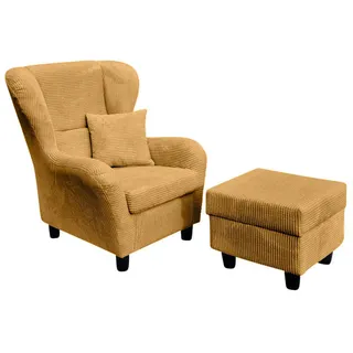luma-home Ohrensessel mit Hocker, hoher Sitzkomfort durch Wellenunterfederung B90/H98/T76 cm, Cord Gold Ockergelb / 18022 , Textil , Füllung: Polyurethan (Pur) , einzeln stellbar,Quadratisch , 90x98x76 cm , Wohnzimmer, Sessel, Ohrensessel