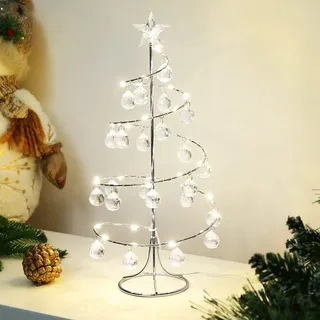 Lewondr Weihnachten Tischlampe, 33,5cm Mini Weihnachtsbaum mit LED Beleuchtung, Acrylkugeln & Stern, Spiralförmig Weihnachtsbaum Batteriebetrieb/USB-betrieben Weihnachtslicht Neujahr Innen, Silber