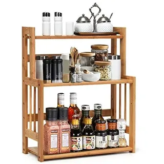 FANTASK Gewürzregal mit 3 Ebenen, Küchenregal aus Bambus, mit einer verstellberer Ablage, Aufbewahrungsregal für Arbeitsplatte