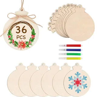 Winwild 36 Stück Christbaumschmuck Holz Weihnachtskugeln zum Basteln Bemalen mit Juteseil & Marker,Weihnachtsbaumschmuck Holzanhänger Kugeln zum Aufhängen Christbaumkugeln Holz Weihnachtsdeko