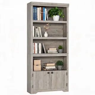 IDEALHOUSE Landhaus Bücherregal 175 cm, Bücherschrank Mit 5 Ebenen-2 Türen | Standregal mit verstellbare rutschfeste Einlegeböden, offenes Aufbewahrungsregal für Homeoffice&Wohnzimmer