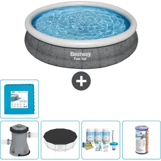 Bestway runder aufblasbarer Fast-Set-Pool – Rattan-Druck – 366 x 76 cm – inklusive Pumpe Abdeckung - Wartungspaket - Filter - Bodenfliesen - Grau