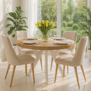 Runder Ausziehbarer Tisch für Esszimmer, PERO, Loft-Stil, Skandinavische, Durchmesser: 120 / 220 cm, Farbe: Eiche Craft Gold / Weiß - Braun